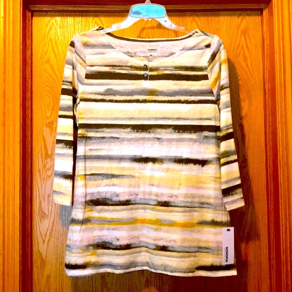 New Sonoma striped 3/4 sleeve medium cotton blend earth tone watercolor tee top